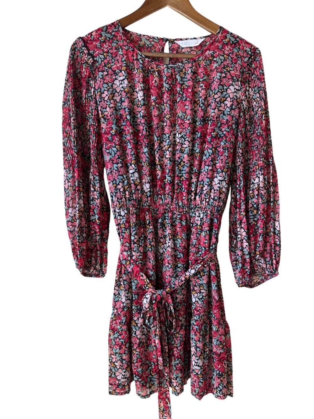 LC Lauren Conrad Floral Mini Dress Red Pink Pleated Long Sleeve Tie Waist Size L